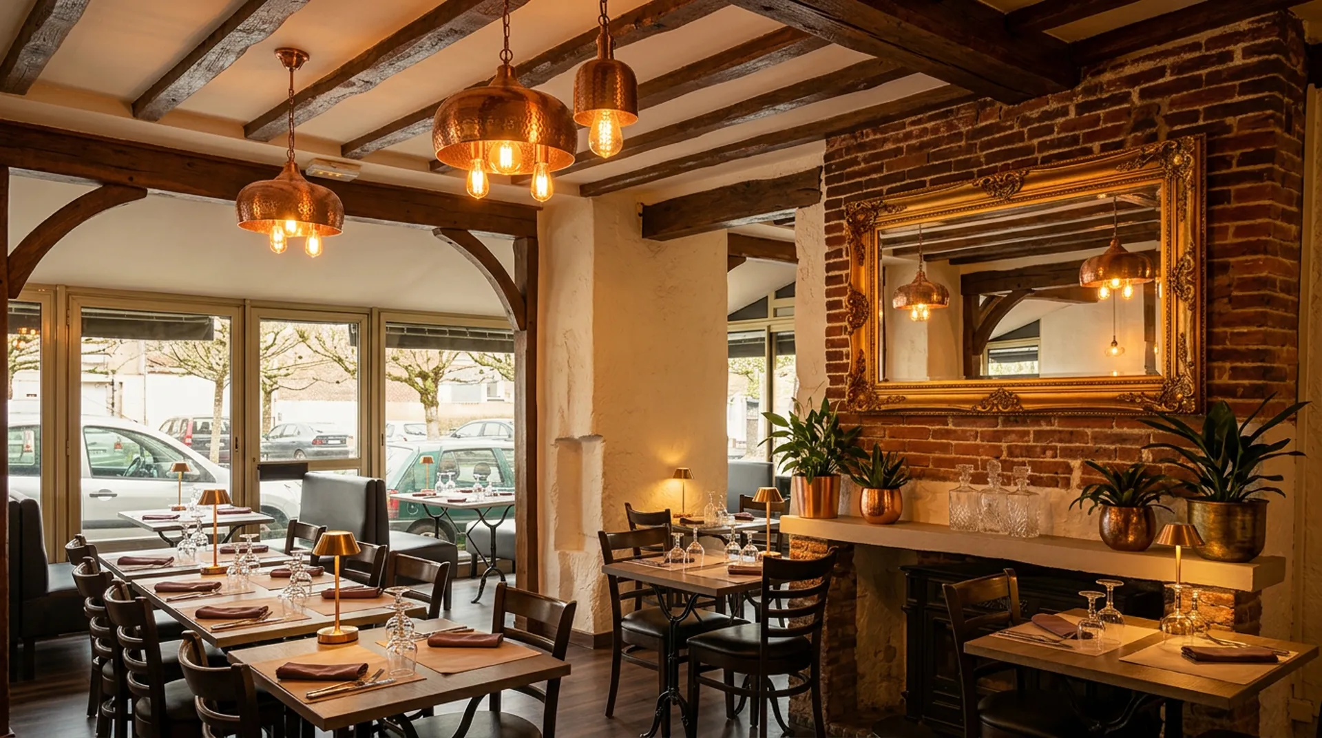 Interieur chaleureux du restaurant L'Accord Parfait a Lisieux, poutres apparentes, eclairage cuivre et tables dressees